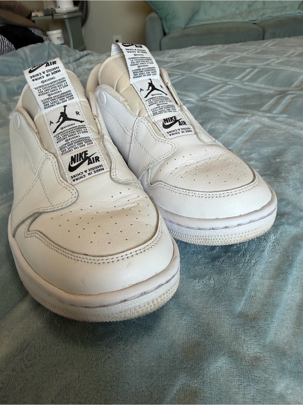 WOMANS Nike Air Jordan White Leather Sneakers with Black Logos slips